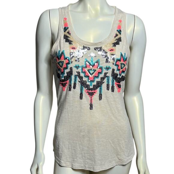 White Tank with Southwestern Sequin Design Pink Blue Aztec Pattern Sleeveless M - Picture 1 of 6